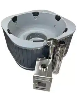 RUBIN 6 személyes SÓZHATÓ négyszög alakú akril dézsafürdő külső kályhával