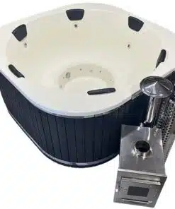 RUBIN 6 személyes SÓZHATÓ négyszög alakú akril dézsafürdő külső kályhával 3