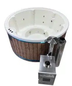 MEGÚJULT LUX IN SÓZHATÓ 8 személyes KÜLSŐ KÁLYHÁS PRÉMIUM AKRIL dézsafürdő szürke vagy fehér betéttel